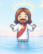Personaje pixelado sonriendo con aureola